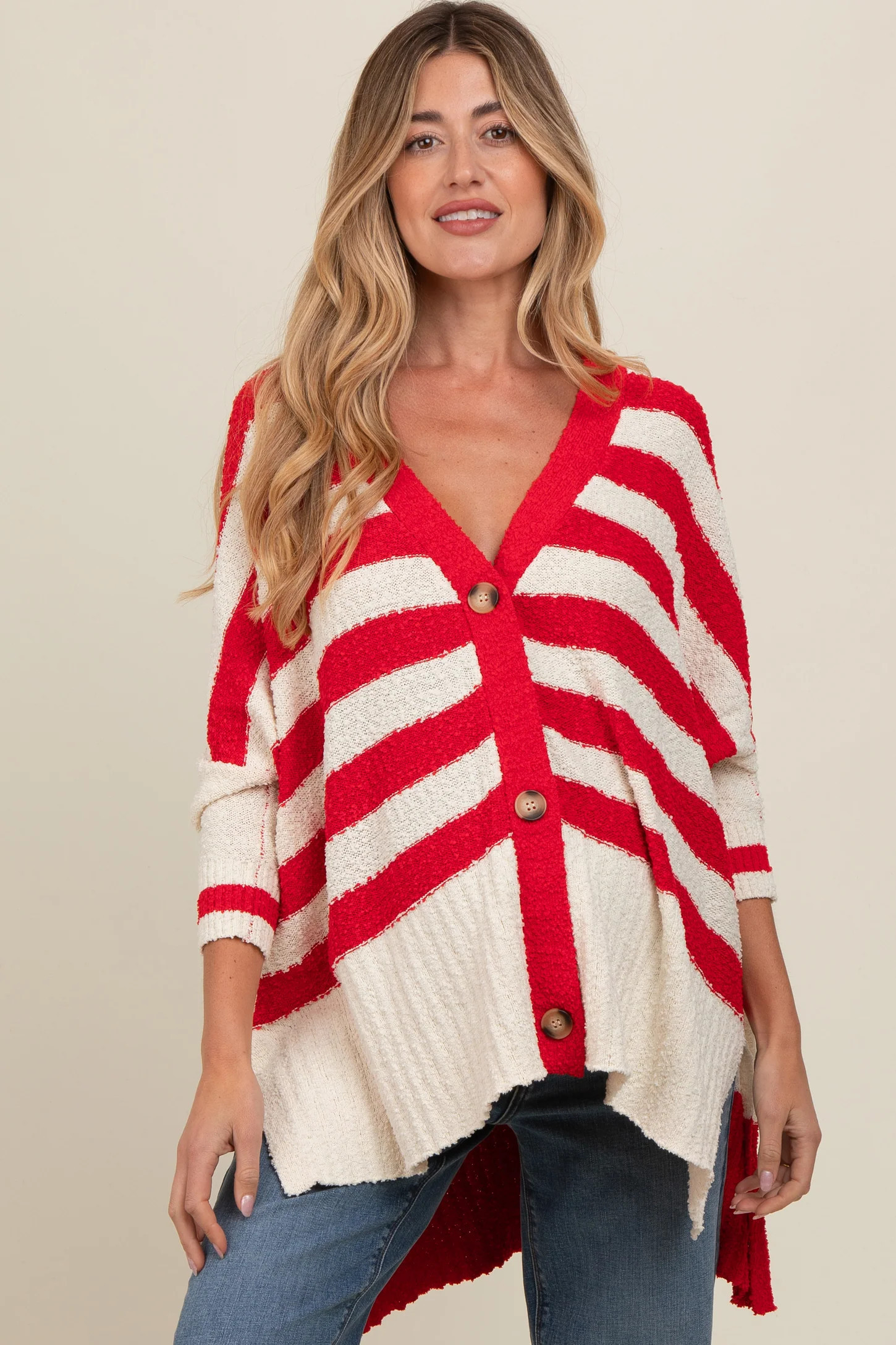 Red Textured Knit Striped Oversized Maternity Cardigan | PinkBlush Maternity