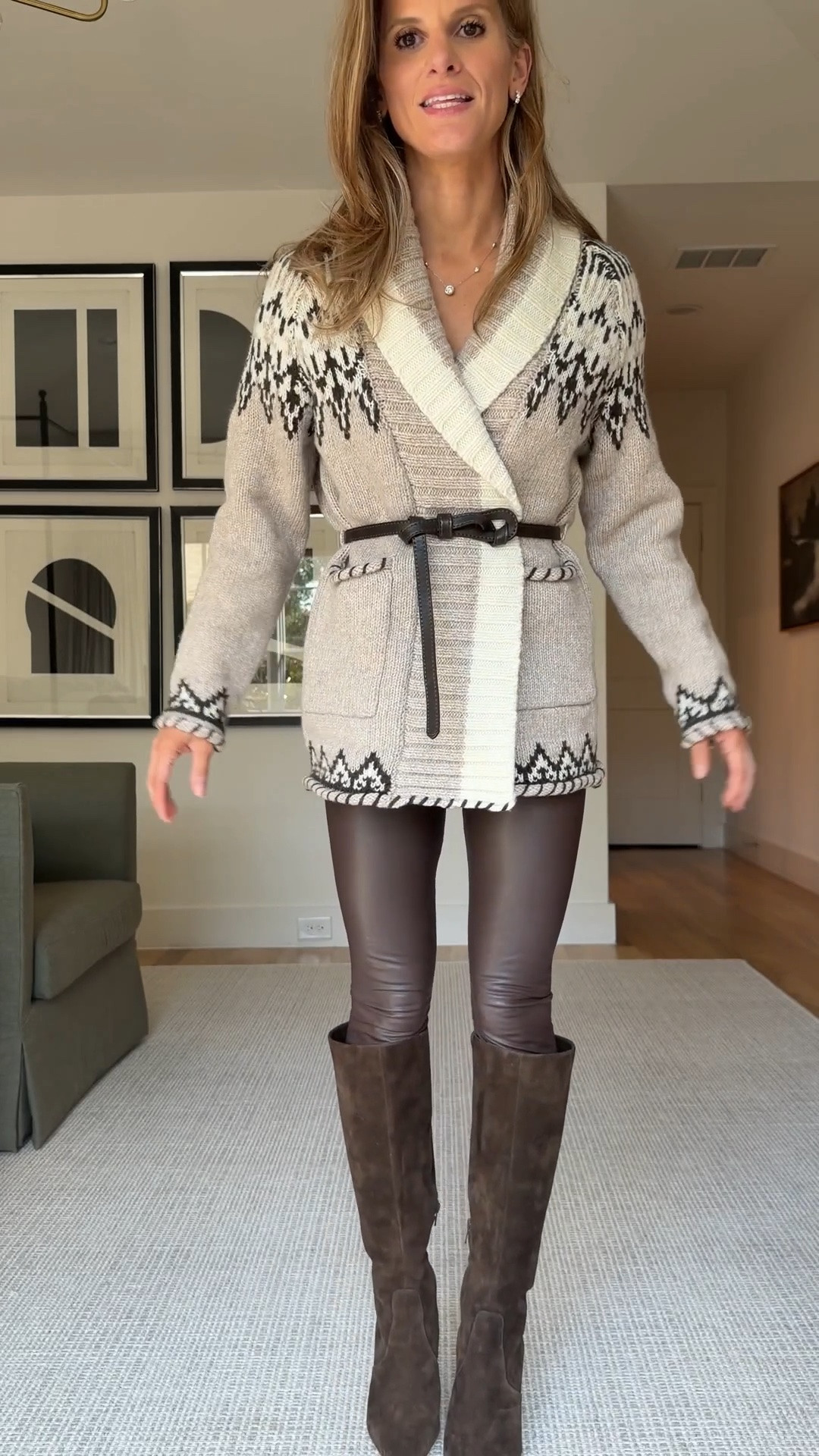Fair isle sweater belted cardigan and leather leggings. Both included in the Tuckernuck friends and family sale. I’m wearing an extra extra small in both.