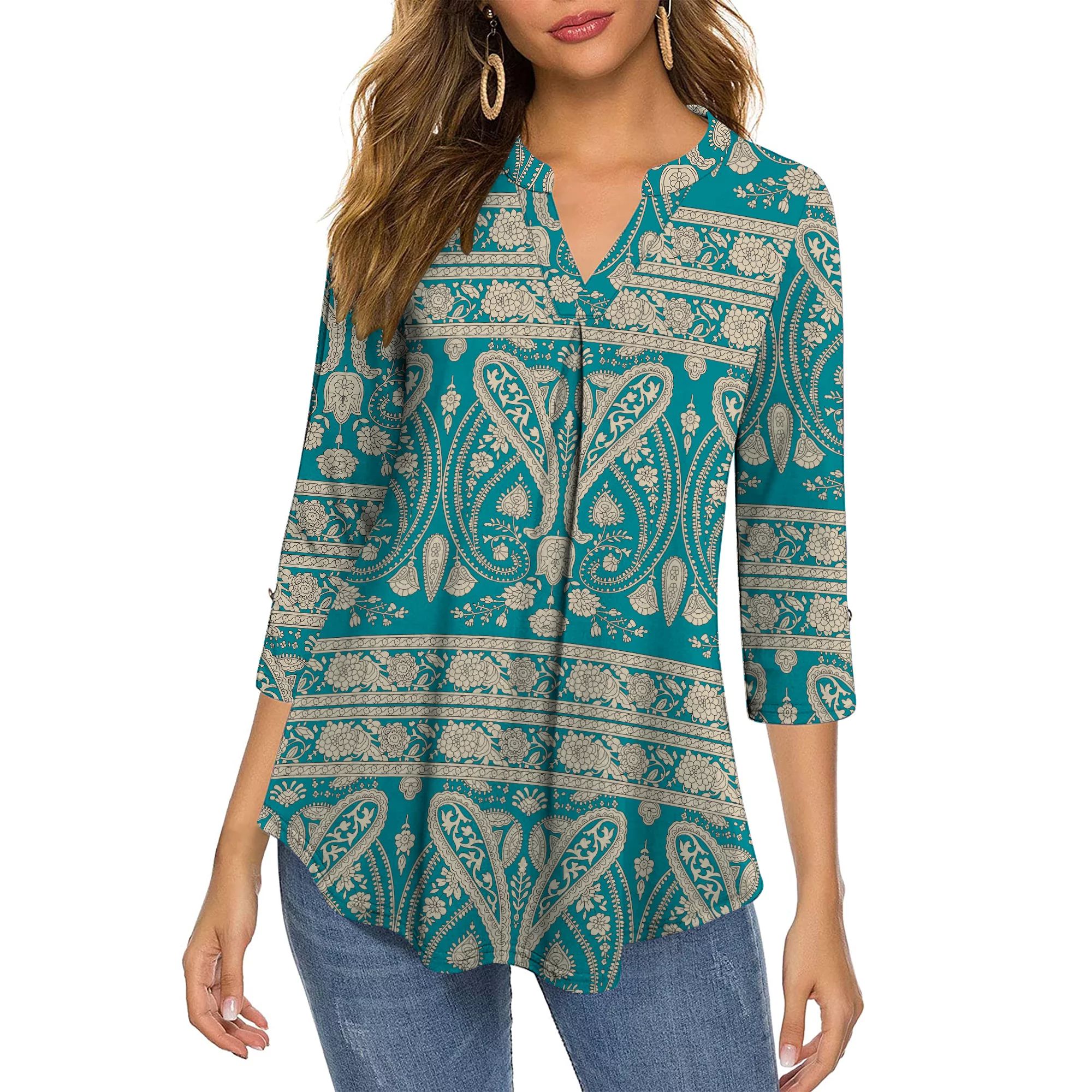 Chama 3/4 Sleeves V Neck Tunic Tops for Women Paisley Printed Folwy Blouse Shirt - Walmart.com | Walmart (US)