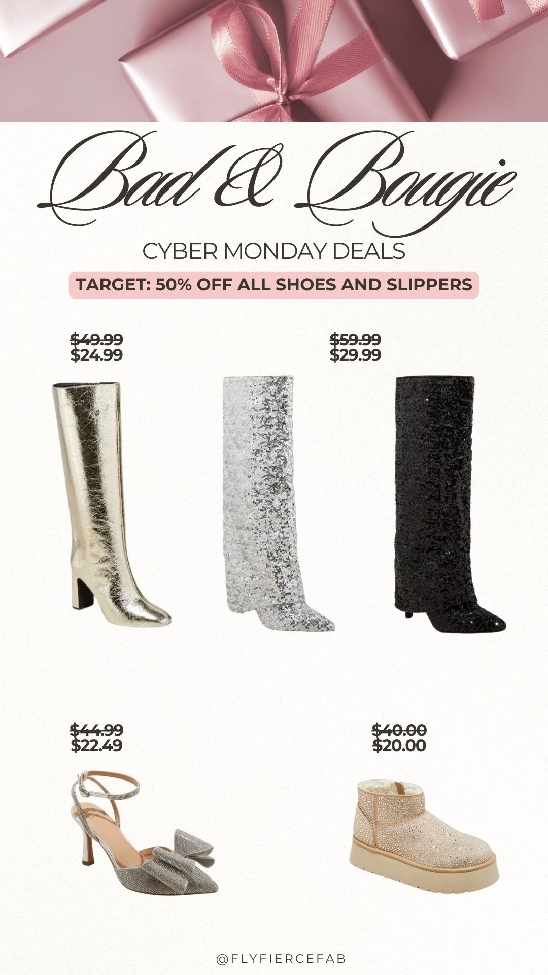 Target is currently doing 50% off ALL shoes and slippers for Cyber Monday! 🛍️✨ This is a great time to get some cute shoes or boots to go with your holiday outfits. 

The metallic gold boots would look cute with a lot of winter outfits, and the rhinestone bow heels would be fabulous with any holiday dress 🎄✨. 

🎅🏾 Gifts for her 

 #LTKCyberWeek #LTKGiftGuide #LTKHoliday