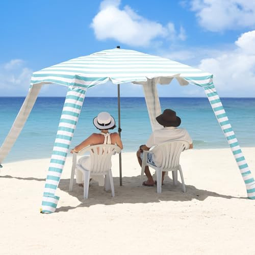 Beach Cabana - 6FT Beach Umbrella with UPF 100+ UV Protection & Sunshade Curtain - Waterproof Tent - Portable Shade, Easy to Set Up, Perfect for Family & Friends (Aqua Stripe) | Amazon (US)
