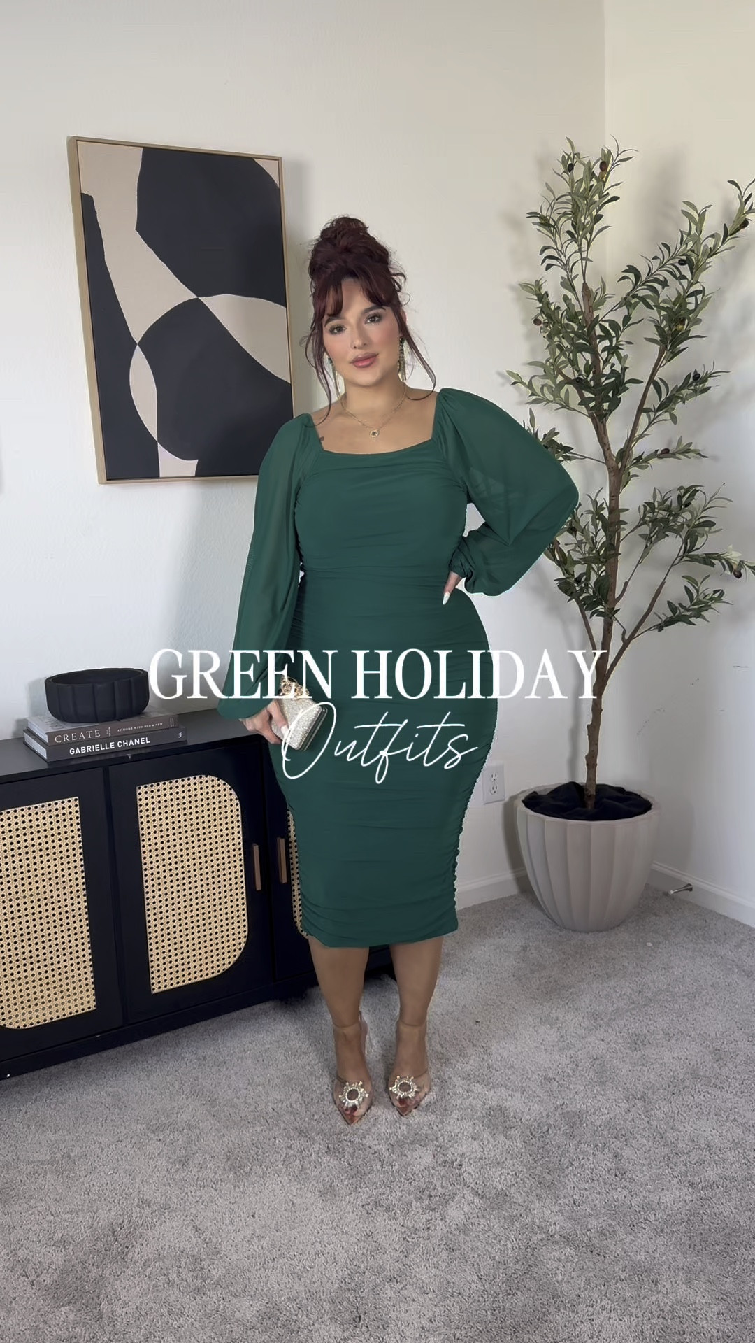 Green bodycon dress: XL | green sweater: XL sequin skirt: M super stretchy! | green dress: XL | pleated skirt: exact one sold out so I linked similar! | pearl top: XL | fur jacket: L
