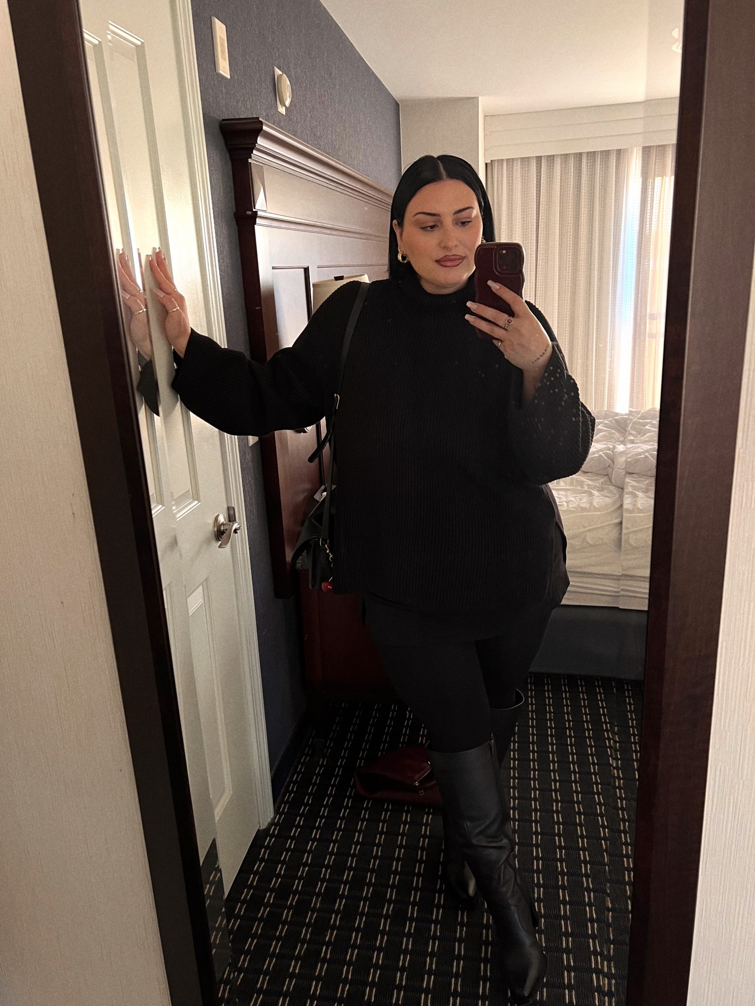 Winter date night outfit. Warm and cute winter outfit. All black outfit. Sweater, mini skirt, and knee high boots outfit  

#LTKBeauty #LTKPlusSize #LTKMidsize