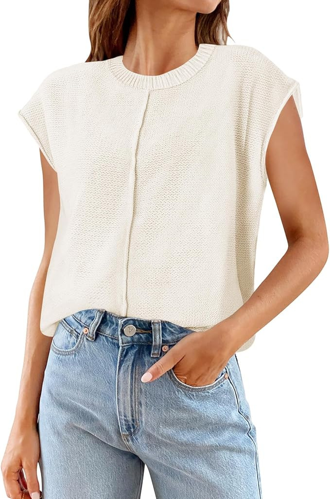MEROKEETY Women's Summer Cap Sleeve Crewneck Tops Casual Loose Fit Knit Sweater Pullover Tank Top | Amazon (US)