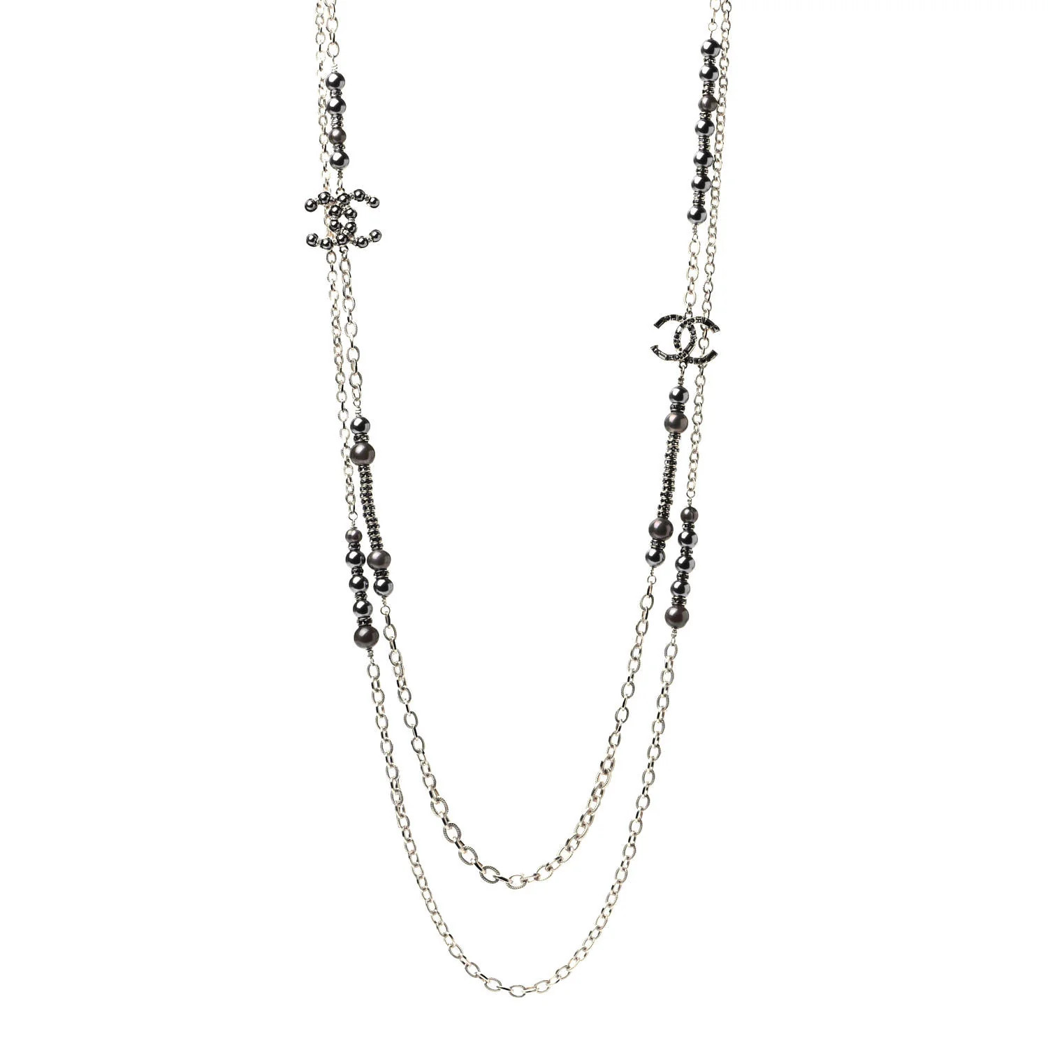 CHANEL Pearl Crystal Nefertiti CC Long Necklace Gold Grey | FASHIONPHILE | Fashionphile