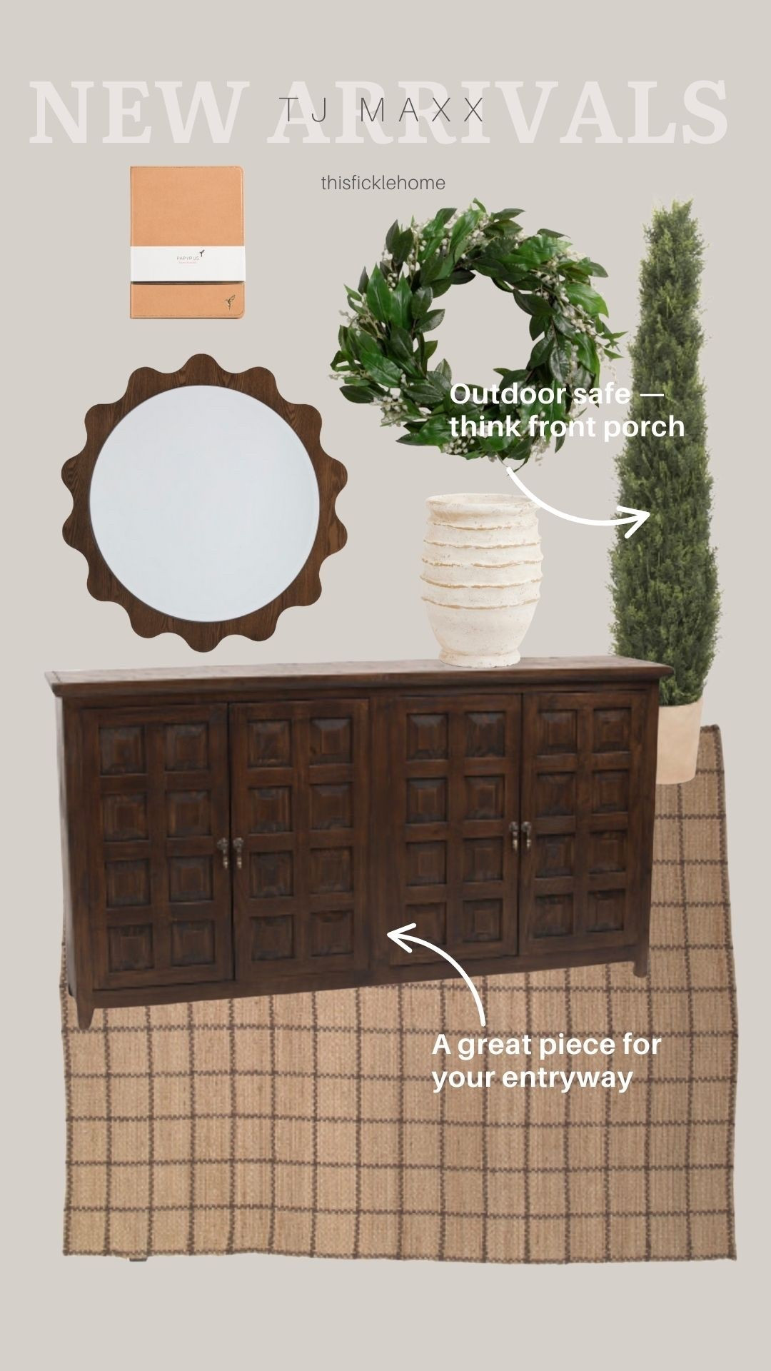 New home finds at TJ Maxx!

Large entryway console
Wavy round mirror
Faux wreath
Front porch greenery
Geometric jute rug


#LTKHome