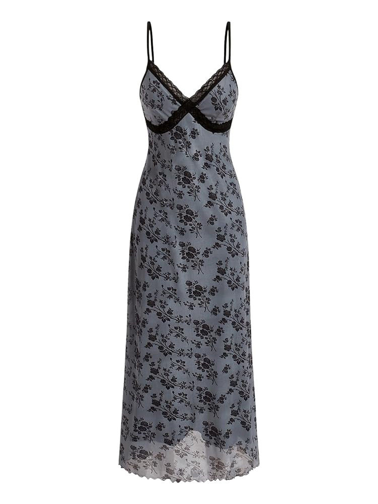 Verdusa Women's Floral Lace Trim Long Cami Dress Deep V Neck Spaghetti Strap Midi Dress | Amazon (US)