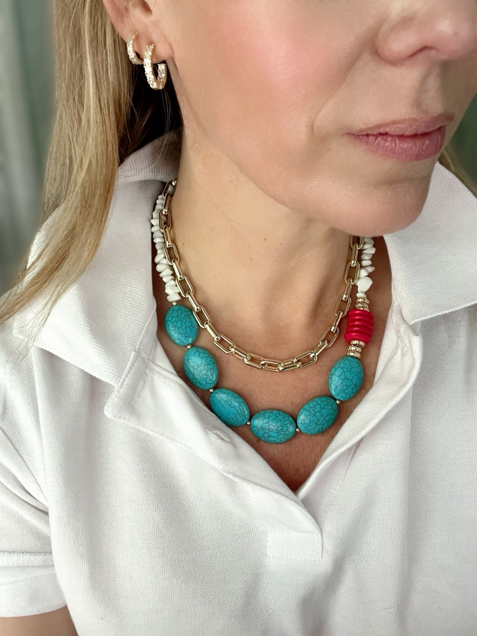 Use code PREPPYREBEL for 10% off Melinda Maria jewelry!

Mixing textures for a bold summer jewelry moment! This layered look combines chunky turquoise statement beads, a pop of coral red, white shell accents, and a sleek gold paperclip chain for that perfect balance of beachy and chic.

Paired with my go-to sparkly gold hoops from Melinda Maria, this combo adds the perfect punch to any neckline—especially a crisp white collared tee like this one!

Jewelry details:
• Turquoise & red beaded statement necklace
• White shell strand
• Gold paperclip chain necklace
• Sparkly gold huggie hoops from Melinda Maria (code PREPPYREBEL)

Style tip: Stack your necklaces in mixed materials for a fun, summery contrast. This combo looks great with collared shirts, linen dresses, or even a simple tank!

#layeredjewelry #statementnecklace #summeraccessories #melindamaria #PREPPYREBEL #turquoisenecklace #goldhoops #paperclipchain #ltkstyletip #ltkjewelry #vacationstyle #boldandbright


#LTKOver40 #LTKFindsUnder100 #LTKFindsUnder50