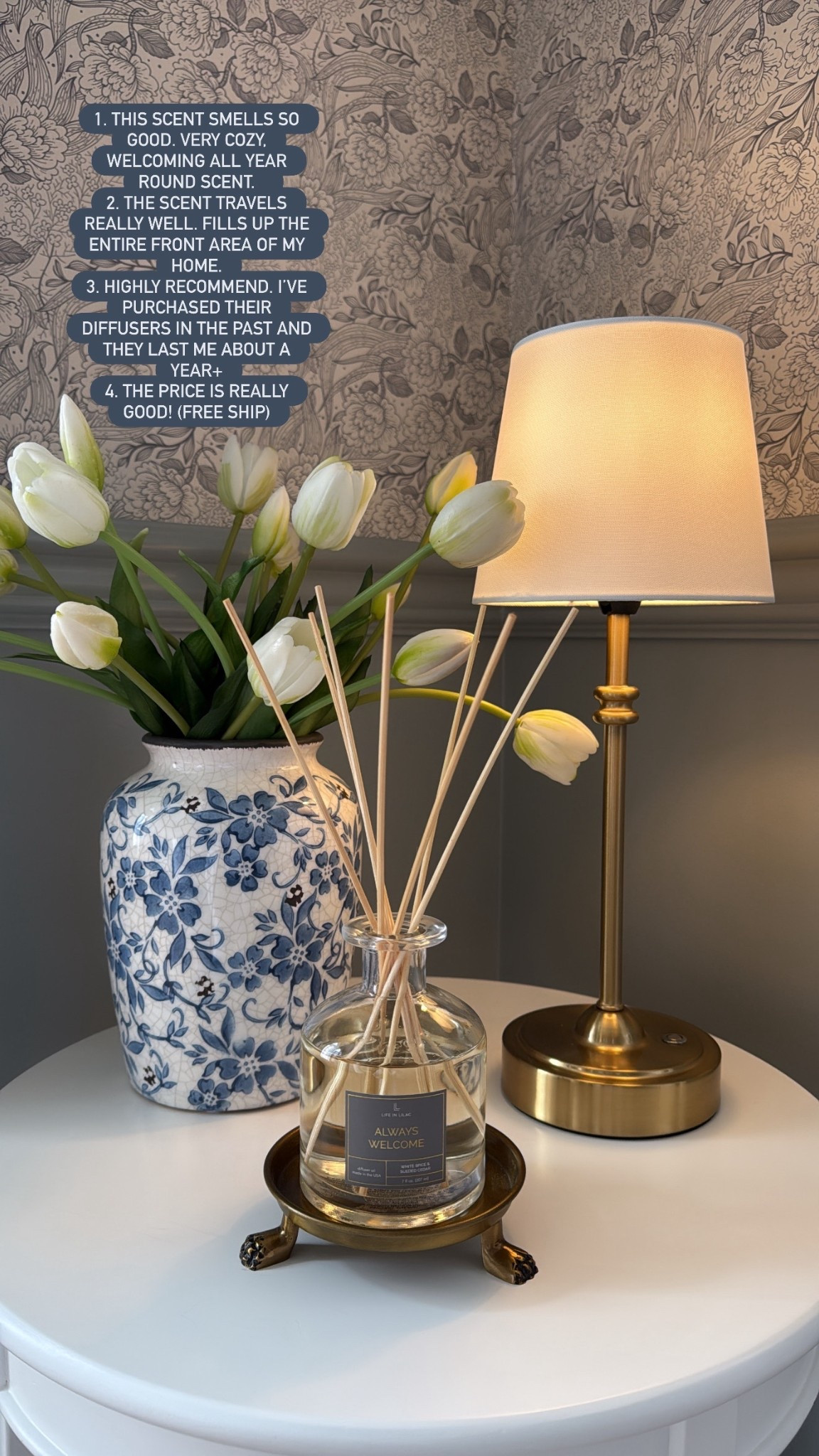 Always welcome from life in lilac is my go-to scent. It’s an all year round scent.. very cozy and welcoming. It’s strong and fills the space beautifully. I leave this by my front door! 

#LTKdayinmylife #LTKHome #LTKmomlife