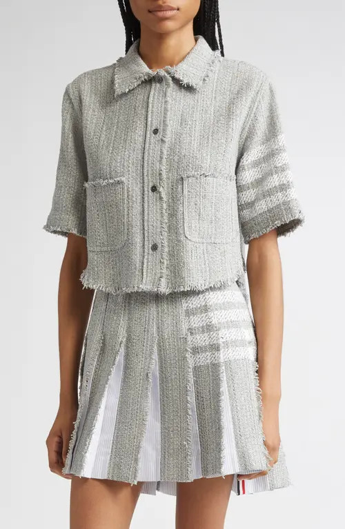 Thom Browne 4-Bar Short Sleeve Eyelash Tweed Crop Shirt Jacket in Medium Grey at Nordstrom, Size 10 Us | Nordstrom
