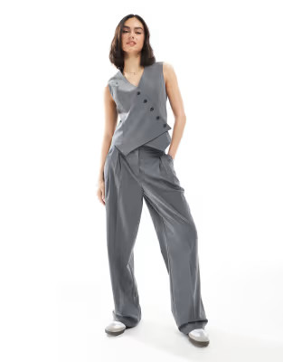 Vero Moda asymmetric vest and slouchy pleat front pants set in dark gray melange | ASOS (Global)