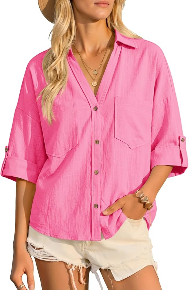 Cicy Bell Womens Linen Button Down Shirts V Neck Summer Short Sleeve Tops Casual Loose Fit Cotton... | Amazon (US)