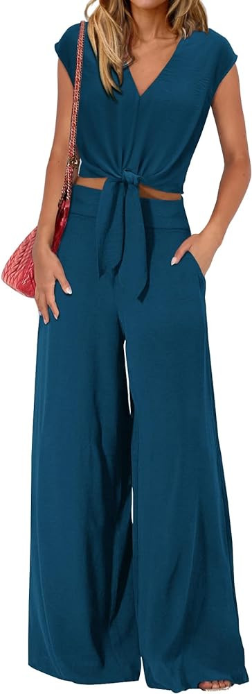 PRETTYGARDEN Women's Summer 2 Piece Outfits 2025 Cap Sleeve V Neck Belted Crop Tops Wide Leg Pant... | Amazon (US)