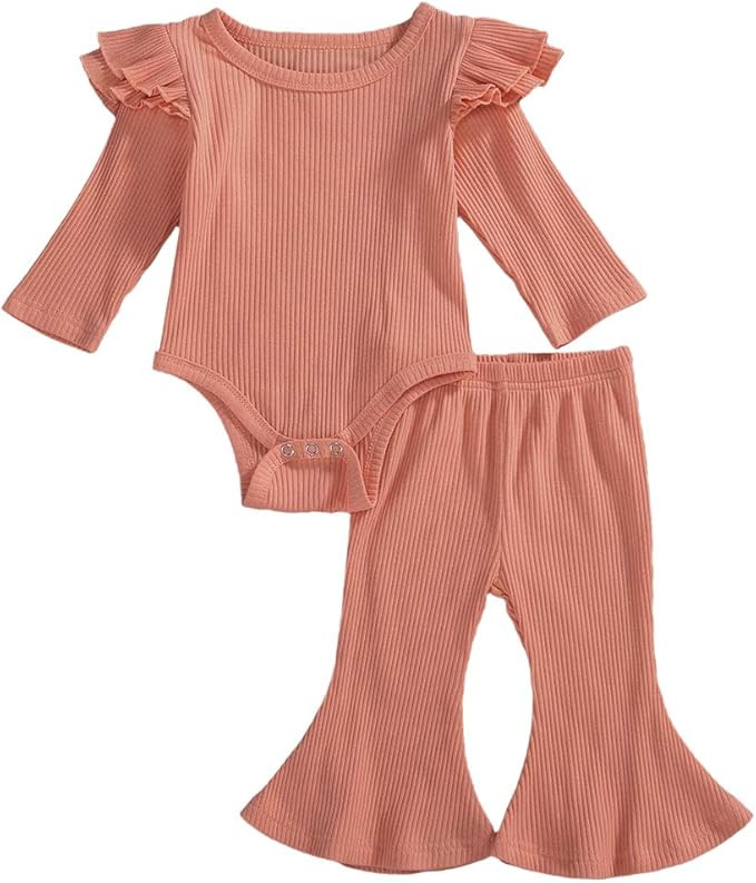 Newborn Baby Girl Boy Autume Clothes Long Sleeve Bodysuit Top+Flared Trousers Pant Set Solid Outf... | Amazon (US)