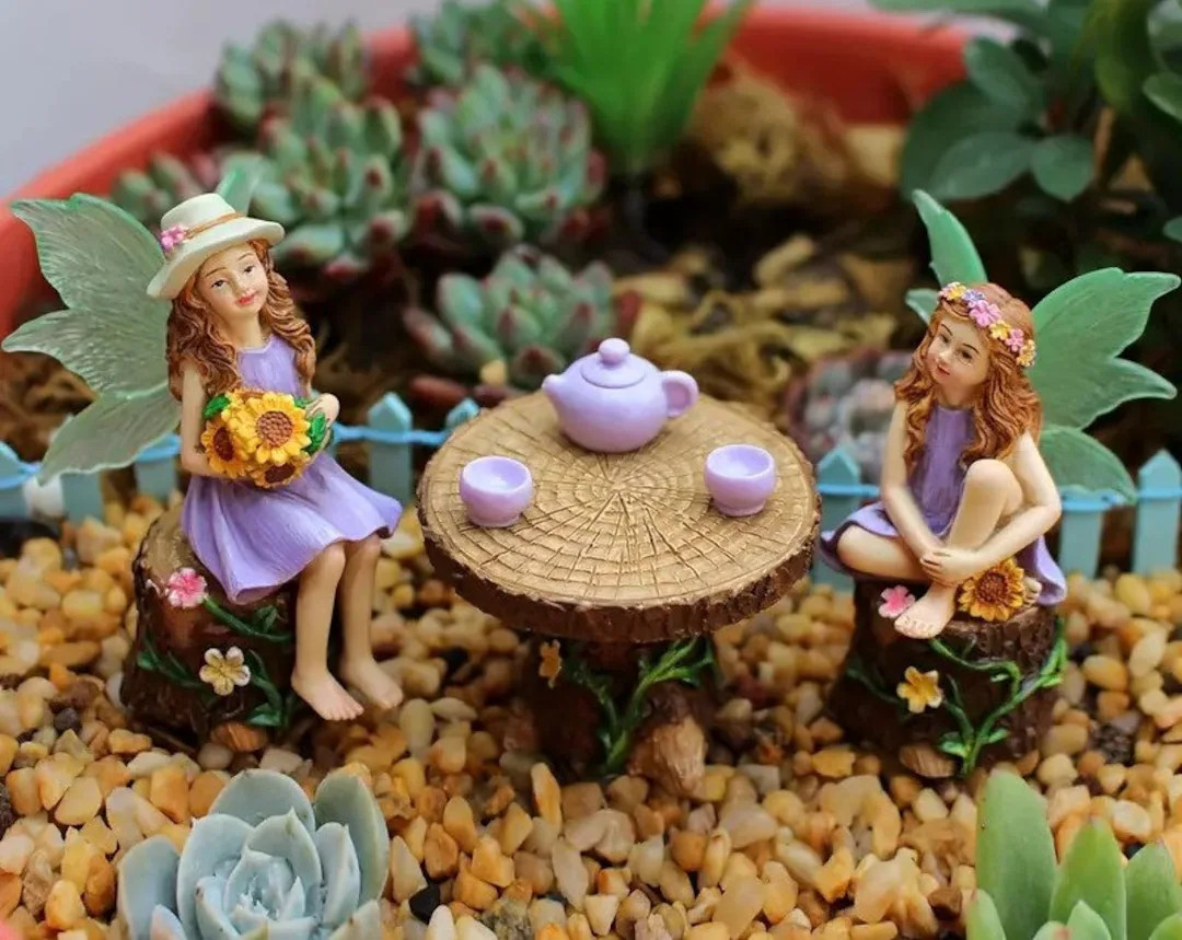 Miniature Fairy Garden 2 Fairies w/ Tea Set, Table and 2 Stools | Etsy (Global)