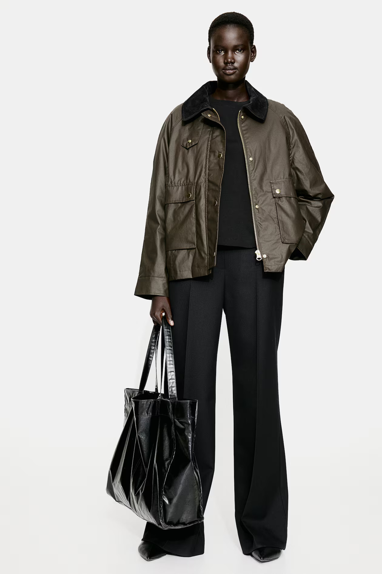 Waxed Twill Jacket - Long sleeve - Regular length - Dark khaki green - Ladies | H&M US | H&M (US + CA)