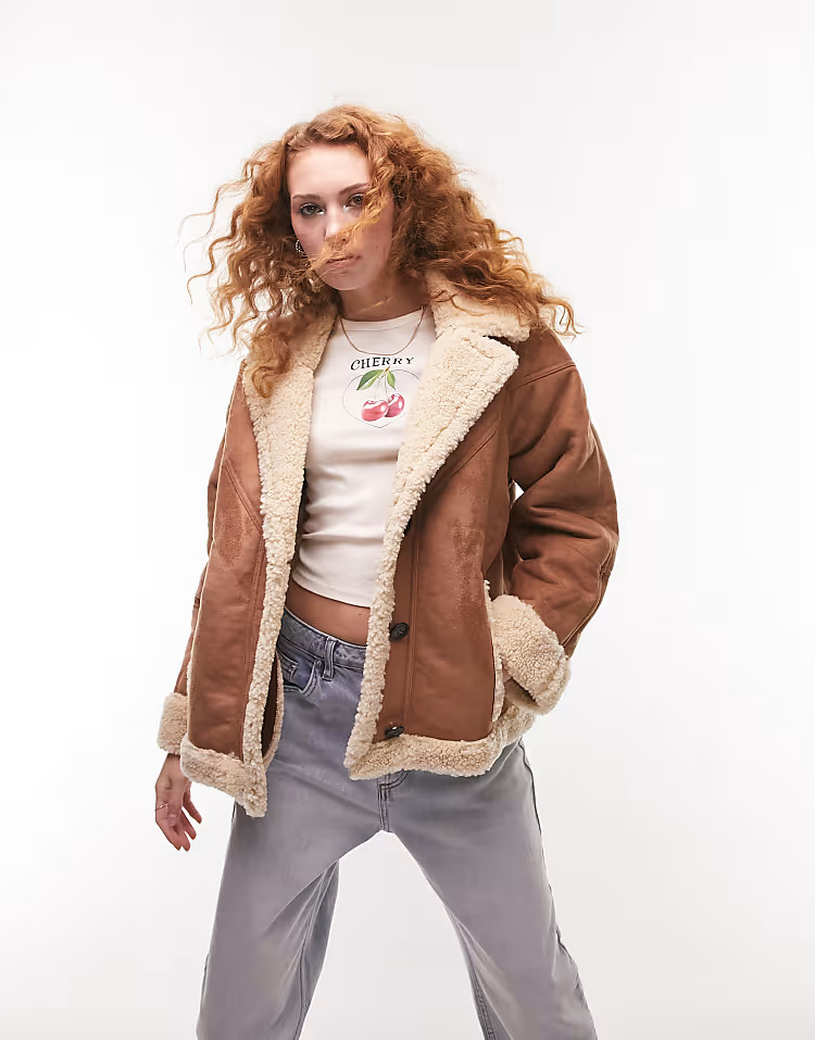 Topshop faux shearling car coat in taupe | ASOS (Global)