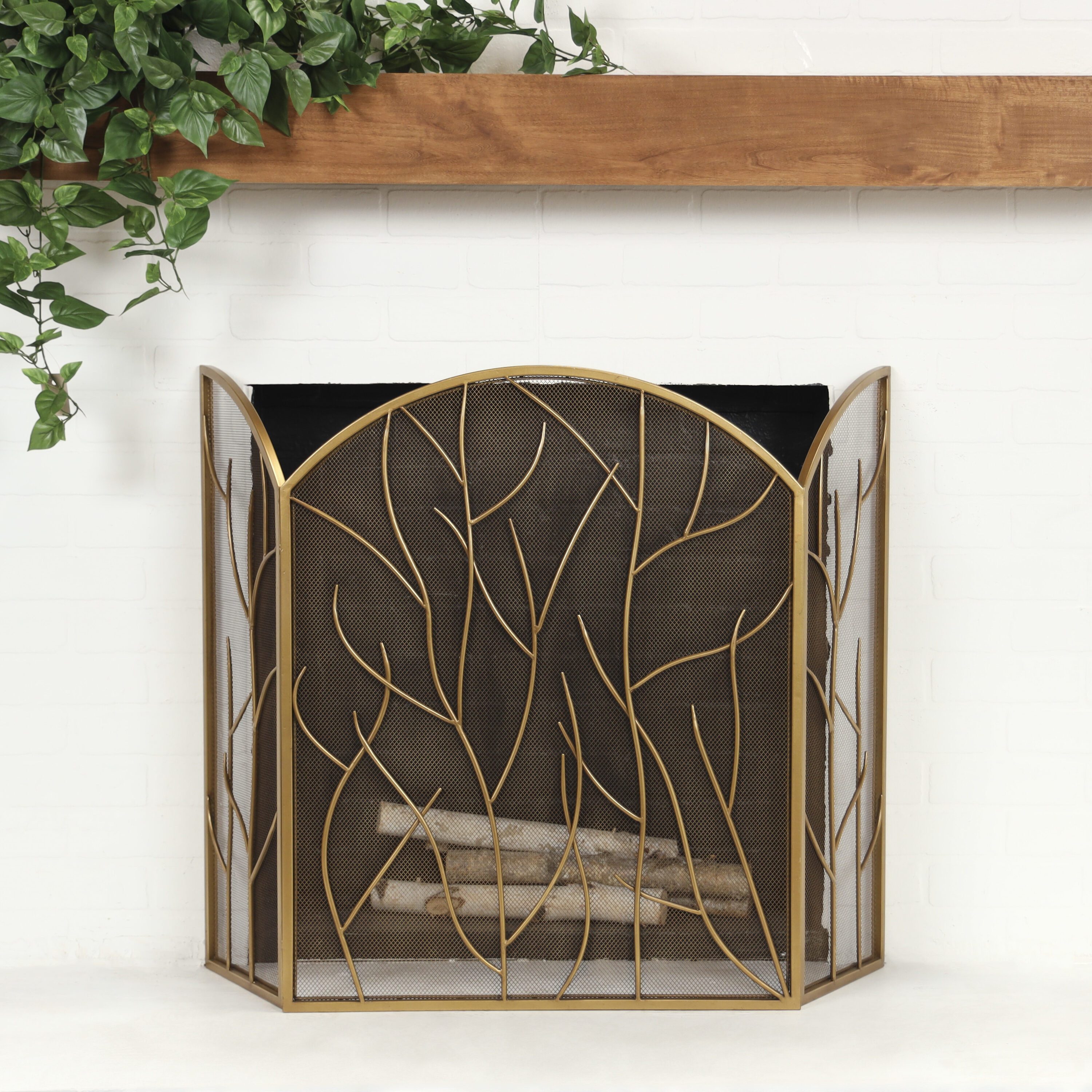 Grayson Lane 25.1-in Gold with Branch Design Iron 3 -Panel Arched Bi-fold Fireplace Screen | 821244 | Lowe's