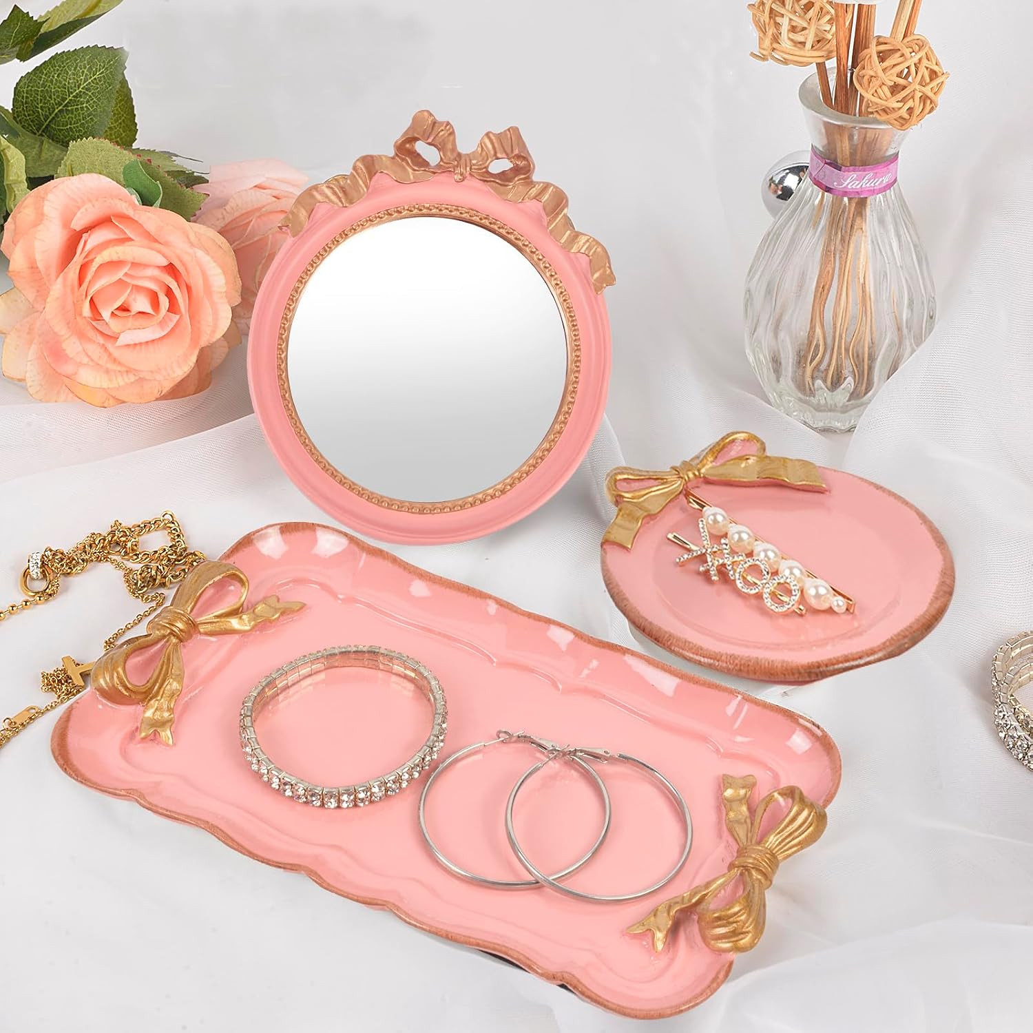Coquette Room Decor Tray Vanity - Pink Small Bow Bedroom Dresser Decoration | Amazon (US)