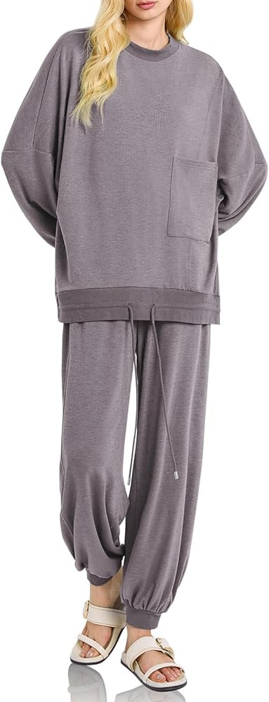 Fisoew Fiosew Womens 2 Piece Outfit Oversized Pullover Tops Jogger Pants Loungewear Casual Tracks... | Amazon (US)