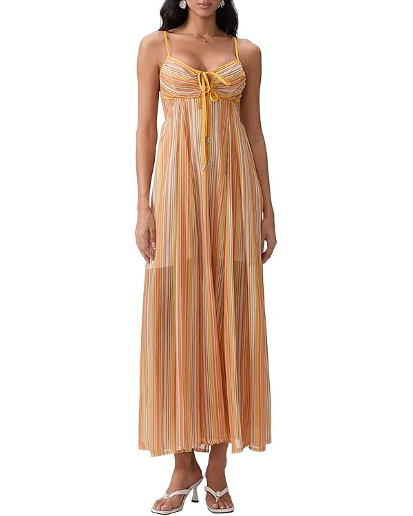 FEORJGP Womens Summer Spaghetti Strap Long Dress Boho Low Cut Dress Backless Flowy Midi Dress Boh... | Amazon (US)