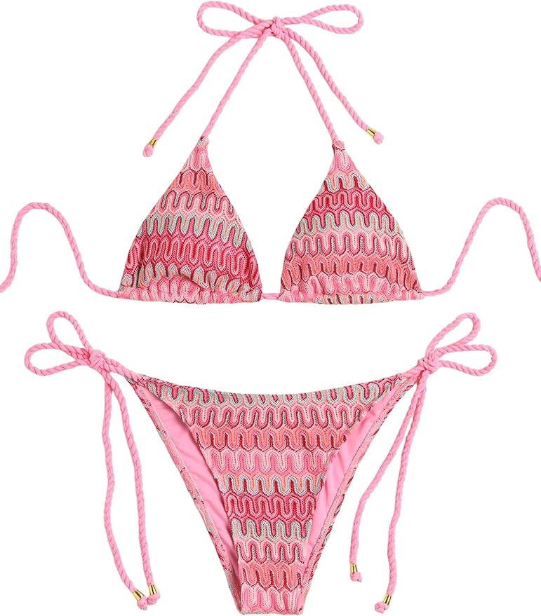 ZAFUL 2 Piece Triangle Bikini for Women Knitted Rope Halter Bikini Sets Sexy Bathing Suit Side Ti... | Amazon (US)