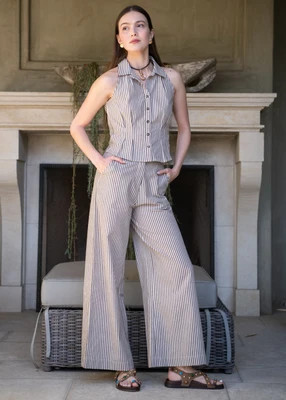 Brynn Striped Brown and Cream Wide Leg Trouser | Benaar La