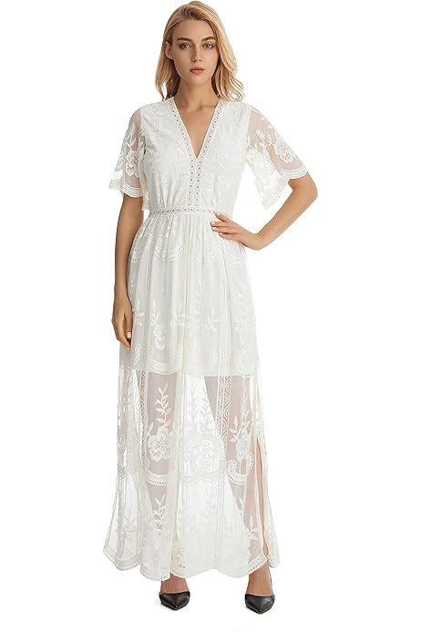 Women's Embroidery Deep V Neck Short Sleeve Lace Dress Floral Long Maxi Dresses | Amazon (US)