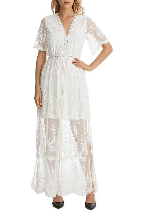 Women's Embroidery Deep V Neck Short Sleeve Lace Dress Floral Long Maxi Dresses | Amazon (US)