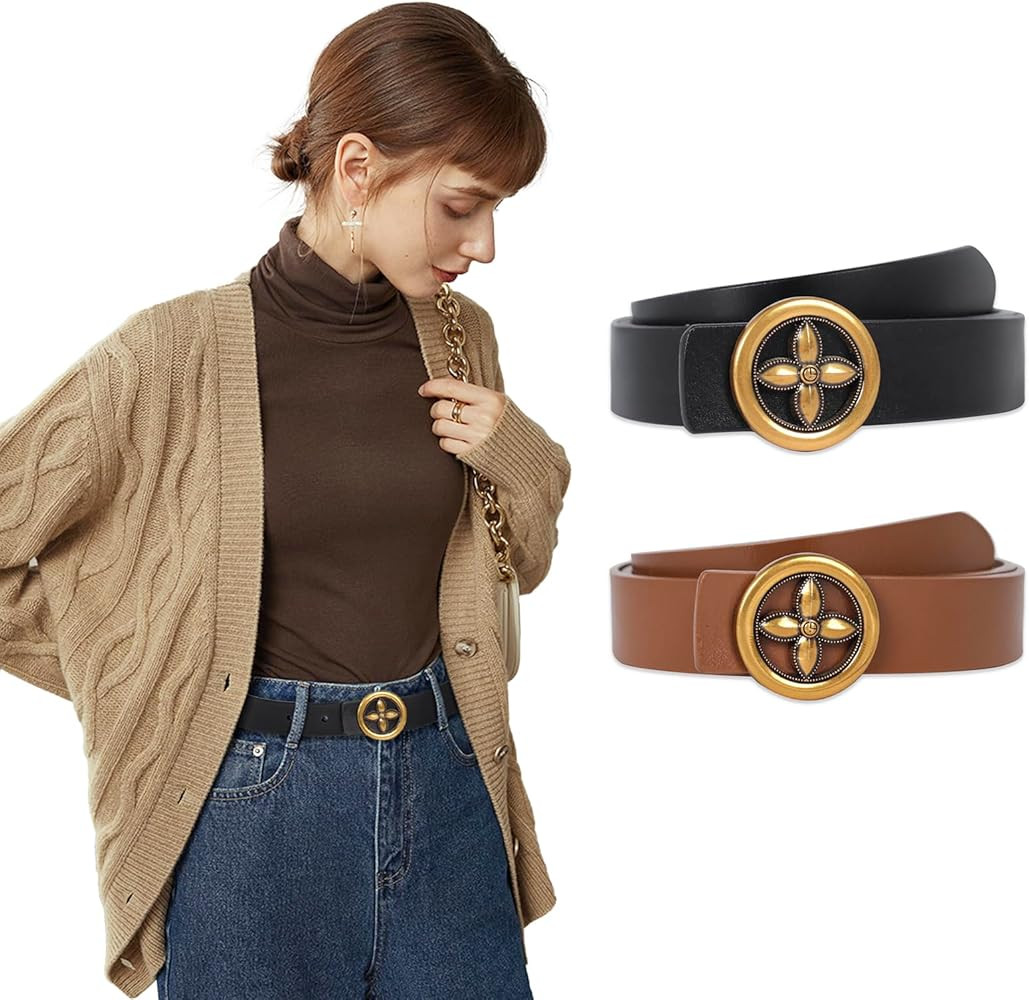 Women's Fashion Classic Metal Buckle Leather Belt with Jeans Dress | Amazon (US)