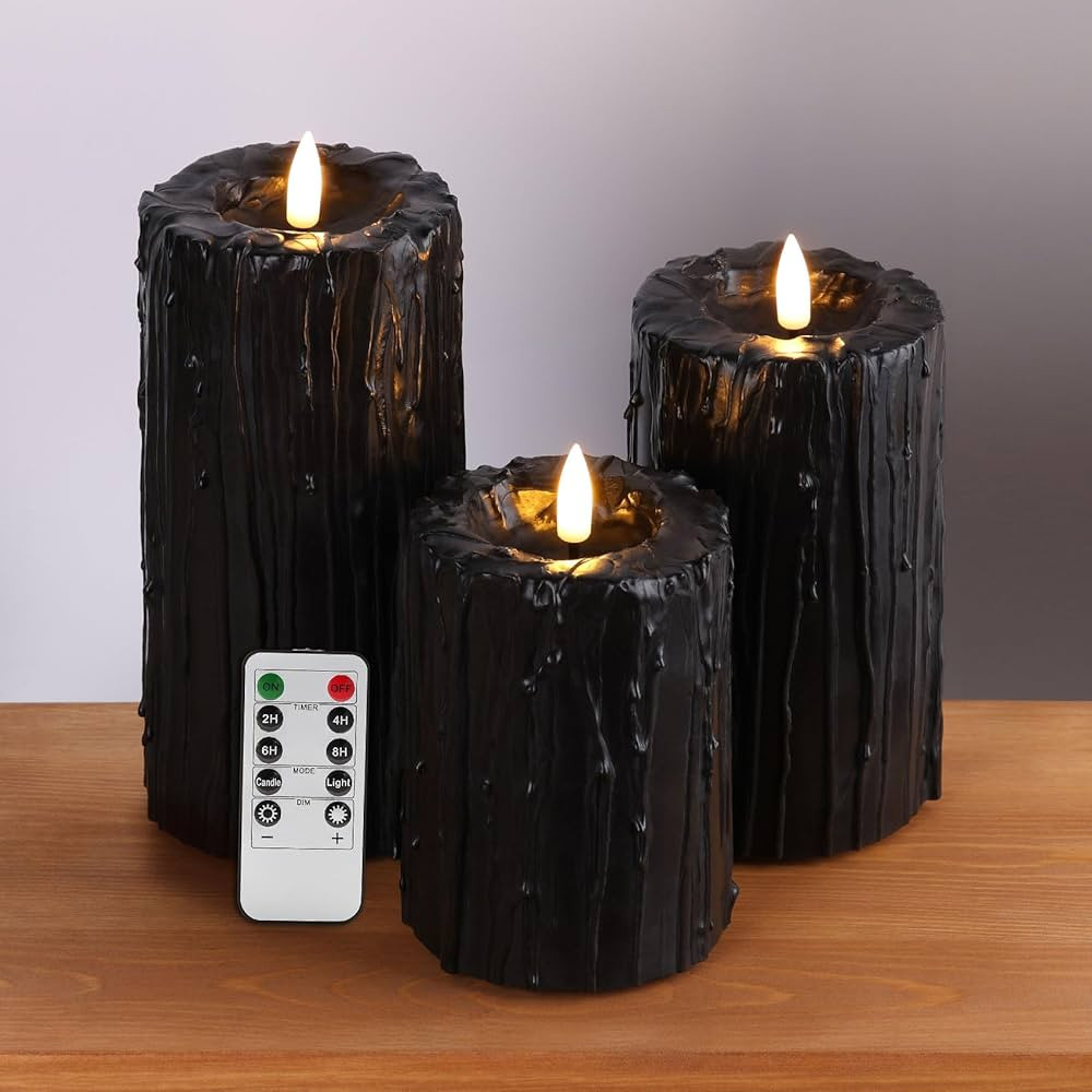 Eywamage Black Dripping Wax Flameless Pillar Candles with Remote, Flickering Halloween LED Candle... | Amazon (US)