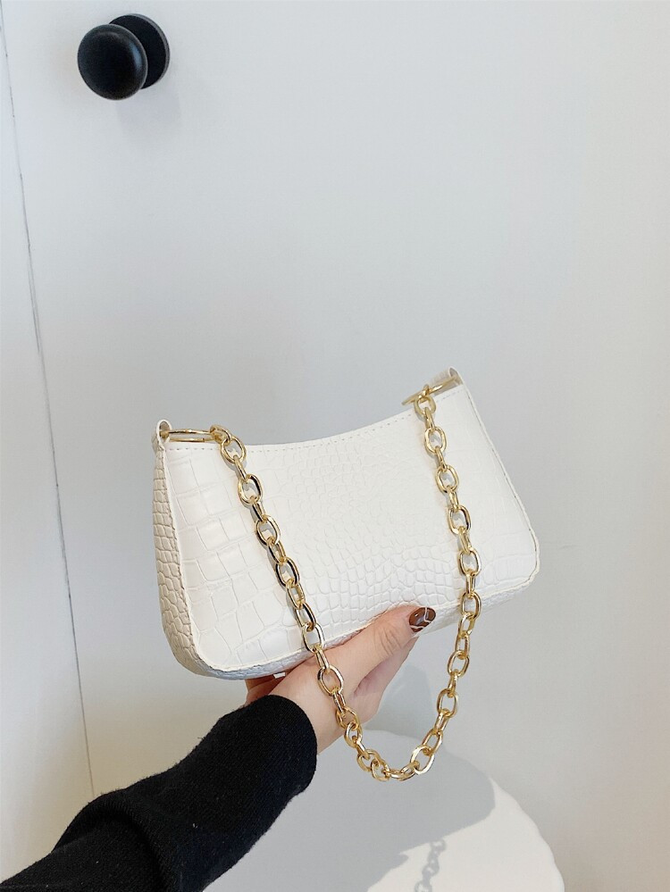 Crocodile Embossed Chain Baguette Bag | SHEIN