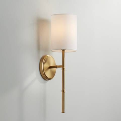 Abigale 19 1/4"H Brass and White Fabric Shade Wall Sconce | Lamps Plus