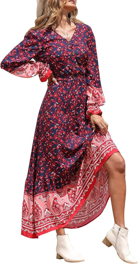 PRETTYGARDEN Long Sleeve Maxi Dress for Women - V Neck Casual Button Down Boho Floral Print Fall Lon | Amazon (US)