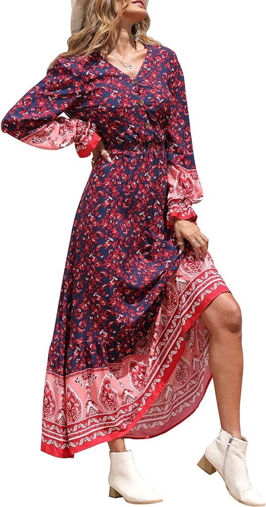 PRETTYGARDEN Long Sleeve Maxi Dress for Women - V Neck Casual Button Down Boho Floral Print Fall Lon | Amazon (US)