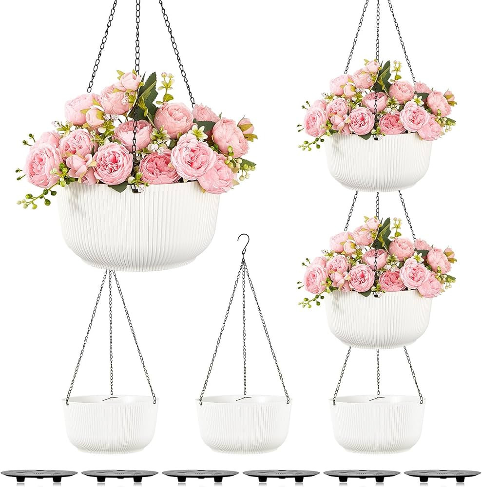 Uiifan 6 Pcs 10 Inch Self Watering Hanging Planter White Indoor Outdoor Hanging Plant Pots with D... | Amazon (US)