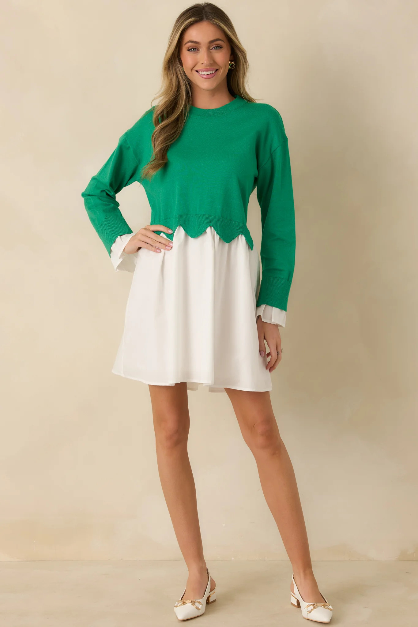Made to Charm Green Scalloped Sweater Mini Dress | Red Dress