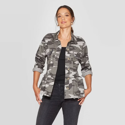 Women's Camo Print Long Sleeve Front Button-Down Peplum Jacket - Knox Rose™ Green | Target