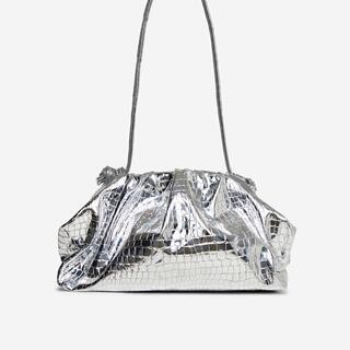 Manga Gathered Purse Cross Body Bag In Silver Metallic Croc Print Faux Leather | EGO Shoes (US & Canada)