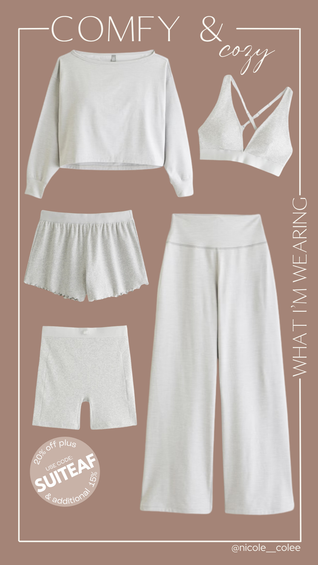 Currently living in this set... and I don't see that changing anytime soon. 🤍

If you caught tonight's reel, this is the cozy set I was wearing—and yes, it's every bit as soft and comfortable as it looks. The wide-leg pants are the perfect relaxed fit, the bra is incredibly comfortable, and the cropped sweatshirt is that effortless throw-on piece you'll reach for again and again.

It's the kind of outfit you'll wear for a cozy night in, morning coffee, running errands, or travel days... basically wherever comfort is the dress code.

✨ Bonus: It's currently 20% OFF, plus use code SUITEAF for an additional 15% OFF! Now is the perfect time to grab the whole set (trust me, you'll want every piece).

I've linked everything here so you can recreate the look. Happy shopping! 🤍

#LTKLounge #CozyStyle #Loungewear #EverydayStyle #Abercrombie #LTKFinds #ComfortInStyle 

 #LTKdayinmylife #LTKgrwm #LTKSaleAlert