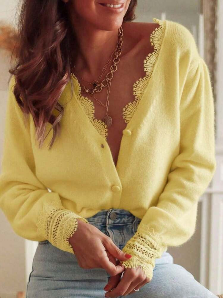 Women's V-Neck Long Sleeve Pullover Sweater, Delicate Contrast Lace And Button Front, Regular Length, Elegant Minimalist Casual Style, Suitable For Daily Wear, Autumn/Winter Knitwear | SHEIN