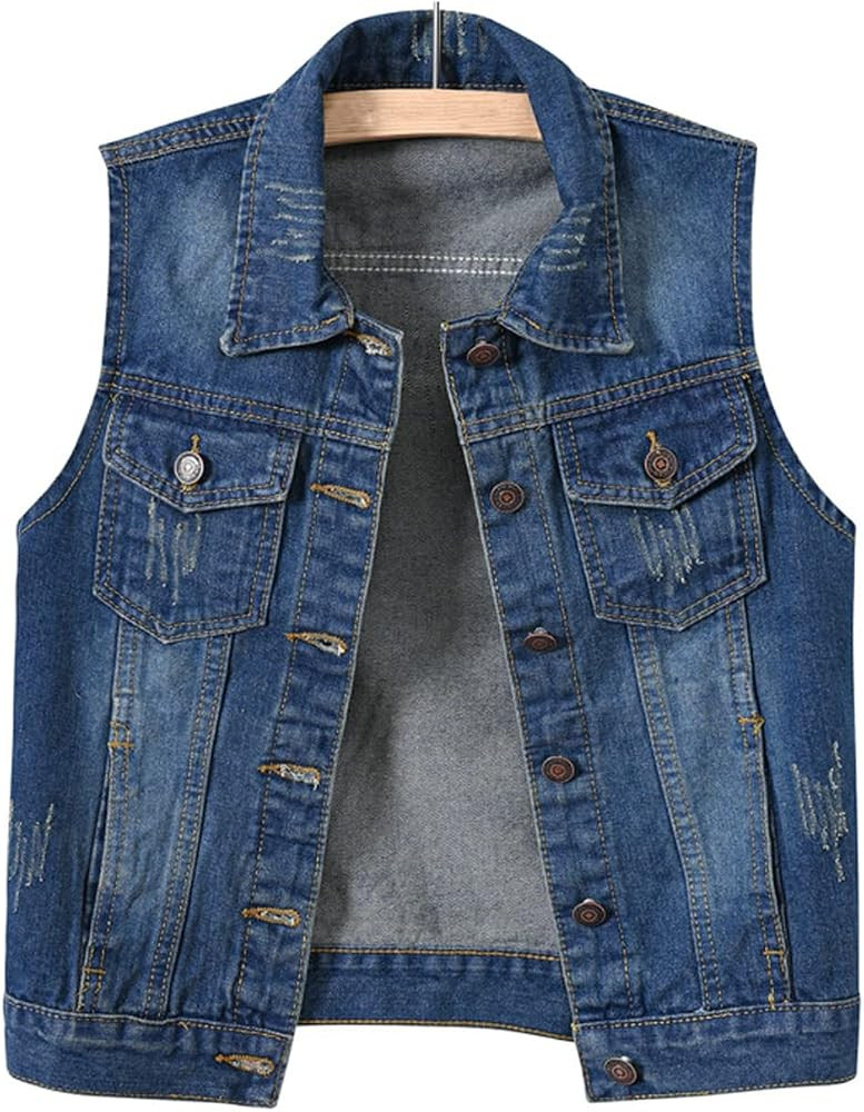 VIEWON Women's Casual Denim Waistcoat Frayed Sleeveless Ripped Jacket Vest     Jacket Vest with P... | Amazon (US)