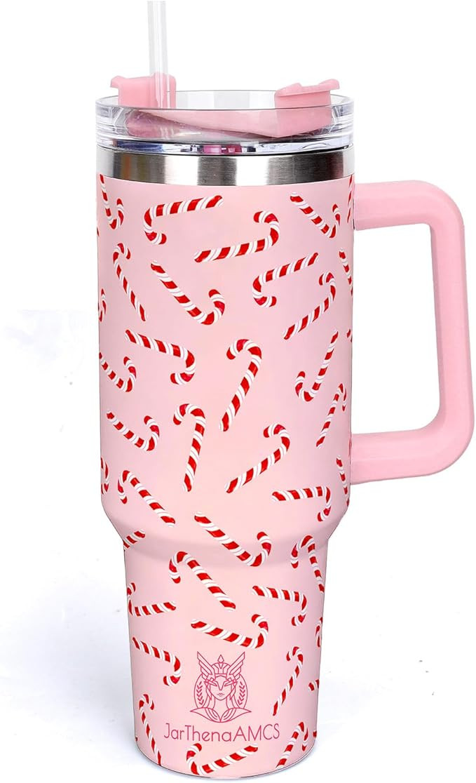 40oz Christmas Candy Tumbler with Handle Straw and Lid Candy Cane Pink Travel Tumbler Coffee Cup ... | Amazon (US)