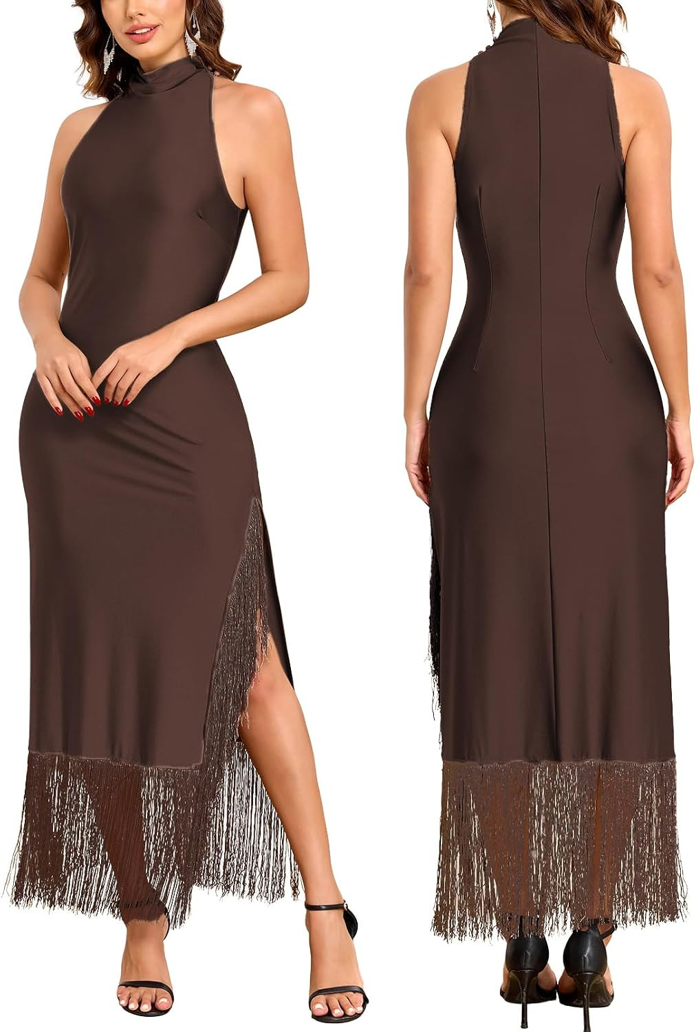 Women High Neck Halter Flapper Maxi Dress Slit Gatsby Vintage Tassel Dress | Amazon (US)