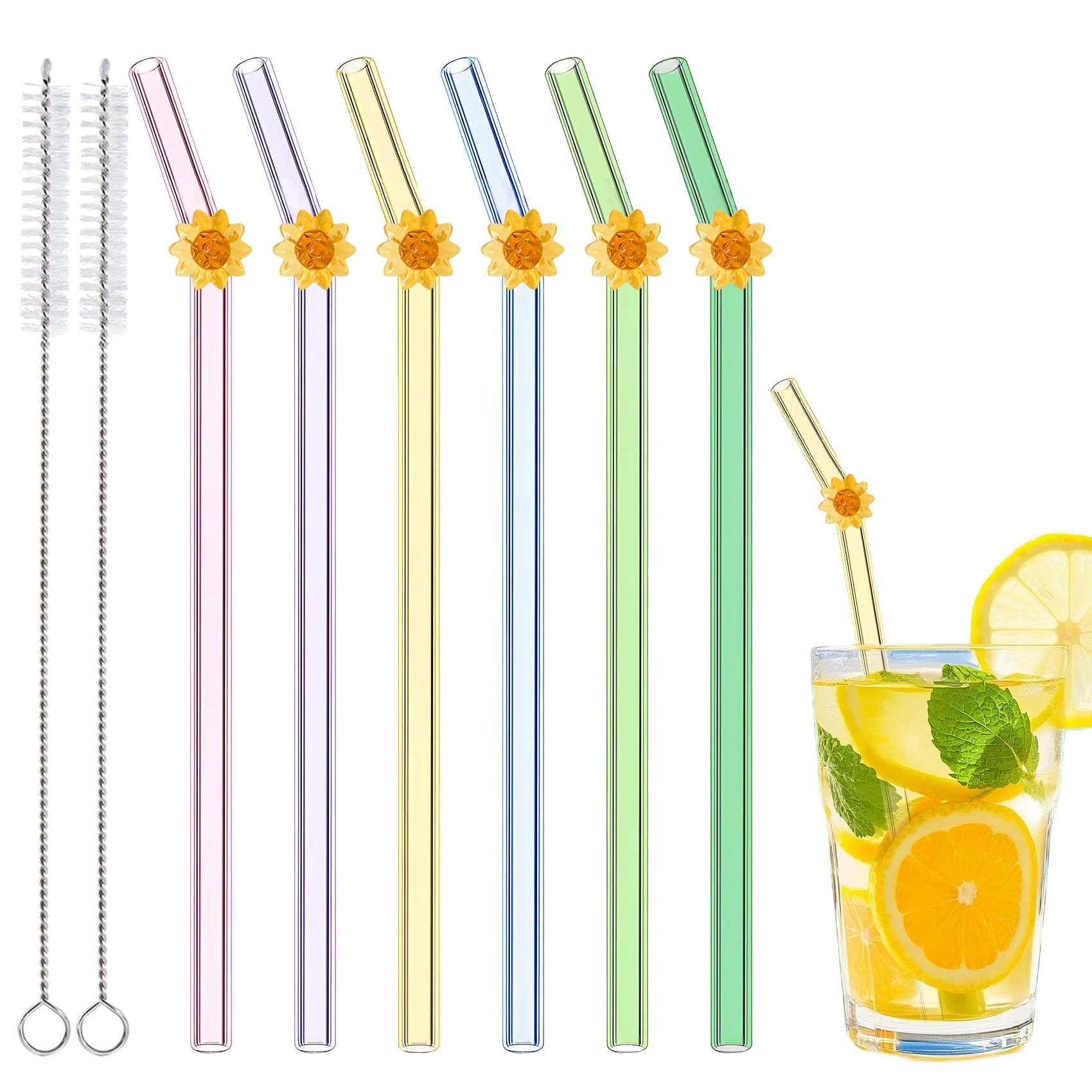 6 Pcs Glass Straws with 2 Cleaning Brushes, Cute Colorful Sunflower Glass Straw Shatter Resistant... | Amazon (US)