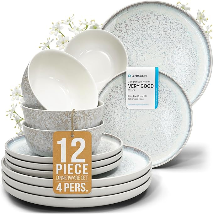 Stoneware dinnerware set 4 persons 12 pcs - Mediterranean dinnerware set, dishwasher, microwave a... | Amazon (US)