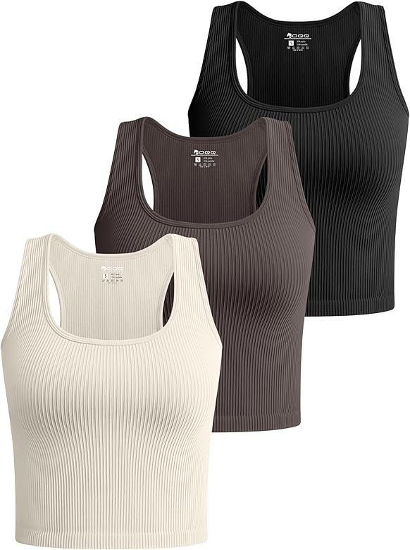 OQQ Women's 3 Piece Crop Tank Tops Ribbed Seamless Workout Sleeveless Shirts Racerback Crop Tops | Amazon (US)