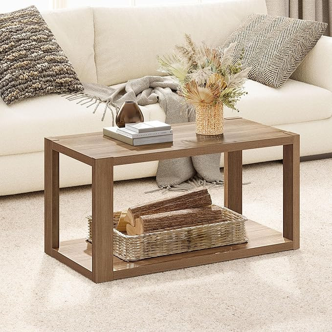SICOTAS Farmhouse Wood Coffee Table - Boho Table with Storage Shelf, Rectangle Center Table Wood ... | Amazon (US)