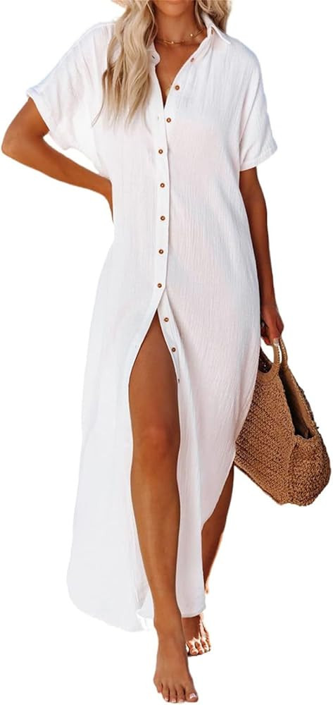 Women Side Split Button Down Long Kimonos Cardigans Casual Short Sleeve Swimsuit Cover Ups Blouse... | Amazon (US)