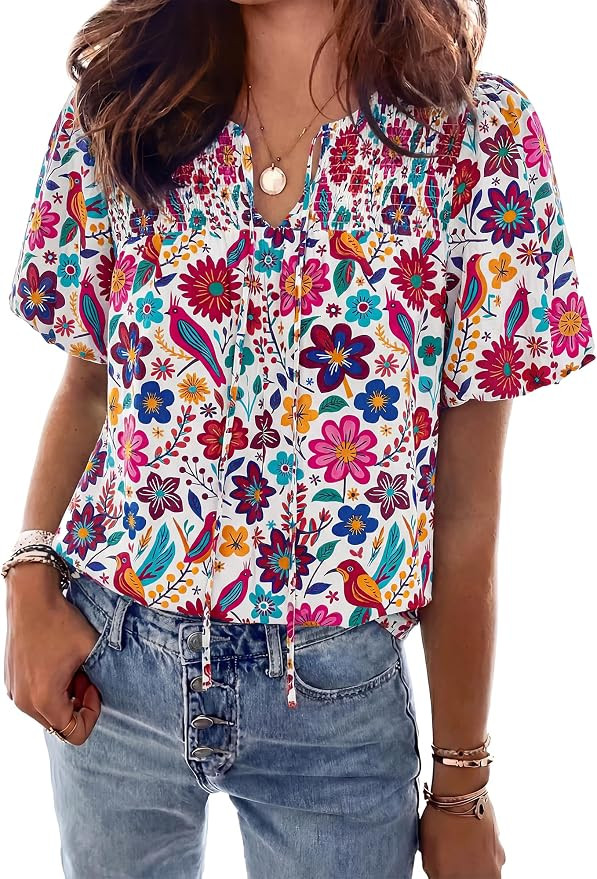 KIRUNDO Boho Tops for Women Summer 2026 Floral Puff Short Sleeve Blouse | Amazon (US)
